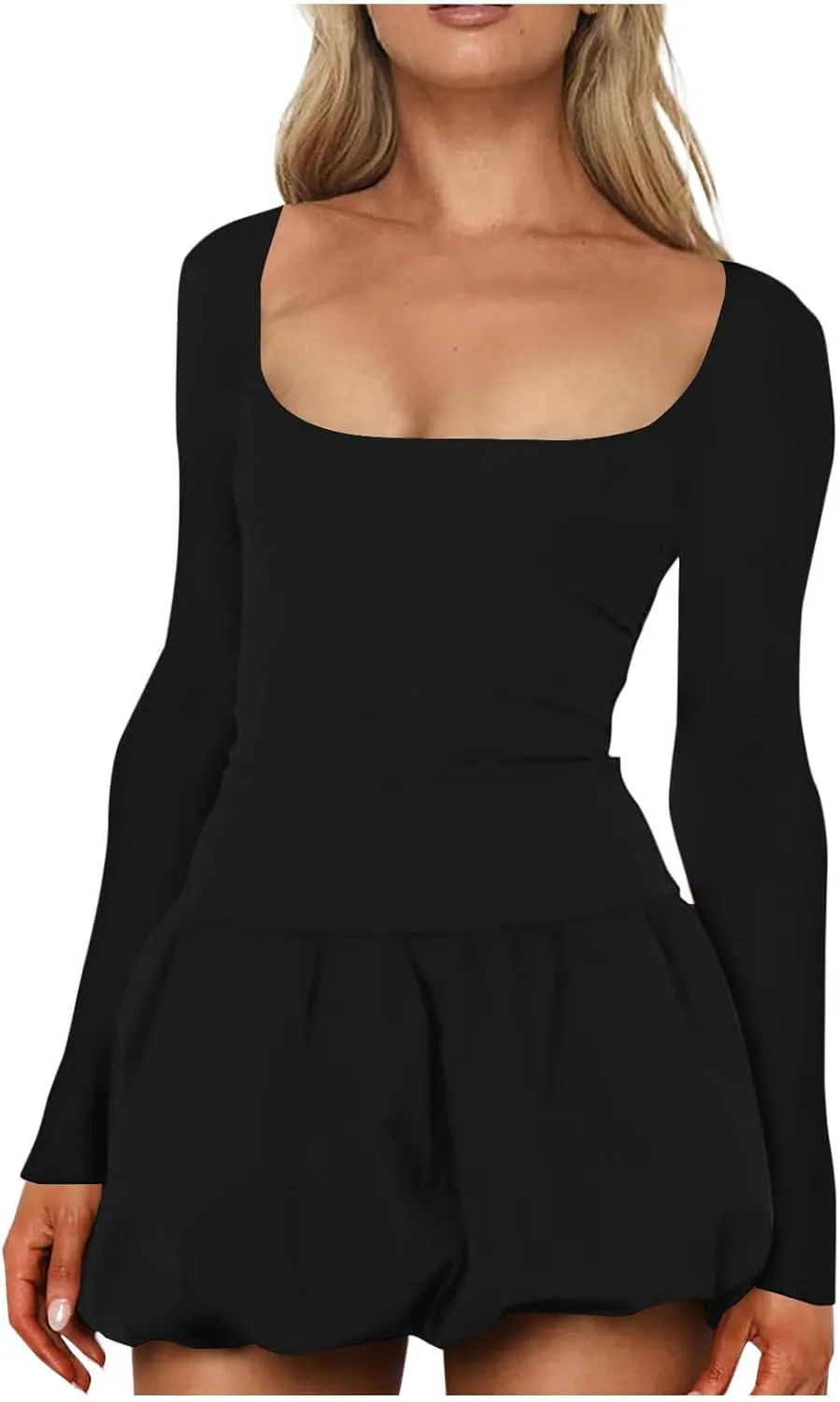 JOAU Women's Bodycon Mini Dress Square Neck Long Sleeve Bubble Dresses Y2K Cute Babydoll Pleated Ruffle Going Out Dress