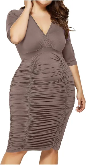 JOAU Women's Plus Size Bodycon Sexy Wrap V Neck Dress Elegant Short Sleeve Ruched Wedding Guest Cocktail Party Midi Dresses