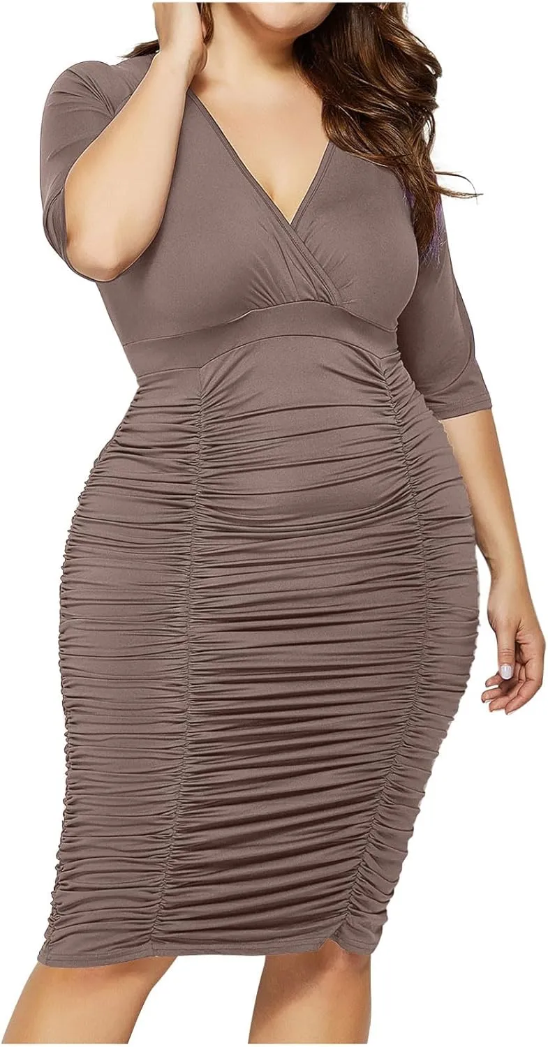 JOAU Women's Plus Size Bodycon Sexy Wrap V Neck Dress Elegant Short Sleeve Ruched Wedding Guest Cocktail Party Midi Dresses