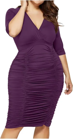 JOAU Women's Plus Size Bodycon Sexy Wrap V Neck Dress Elegant Short Sleeve Ruched Wedding Guest Cocktail Party Midi Dresses
