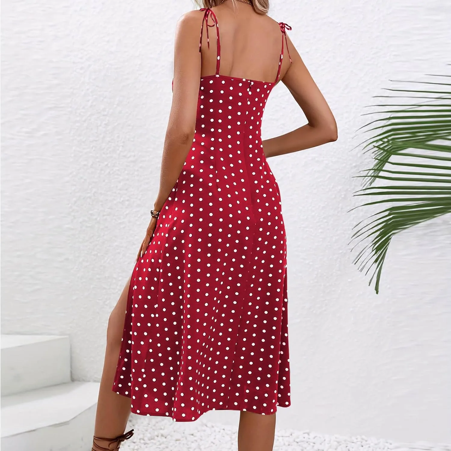 JOAU Women's Polka Dot Sundresses Spaghetti Strap Summer Slim Fit Side Slit Midi Dress Sexy A Line Beach Vacation Dresses
