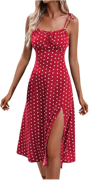 JOAU Women's Polka Dot Sundresses Spaghetti Strap Summer Slim Fit Side Slit Midi Dress Sexy A Line Beach Vacation Dresses