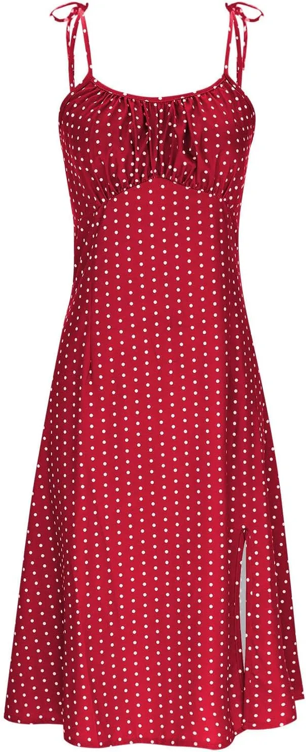 JOAU Women's Polka Dot Sundresses Spaghetti Strap Summer Slim Fit Side Slit Midi Dress Sexy A Line Beach Vacation Dresses