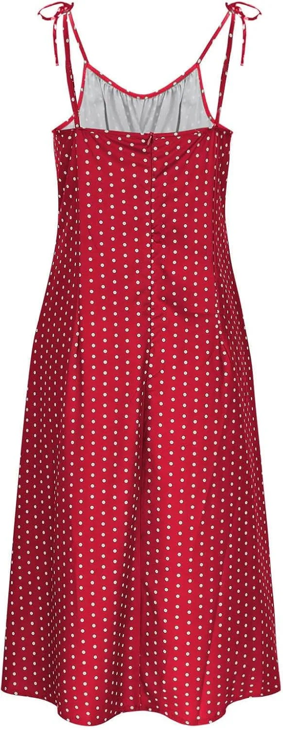 JOAU Women's Polka Dot Sundresses Spaghetti Strap Summer Slim Fit Side Slit Midi Dress Sexy A Line Beach Vacation Dresses