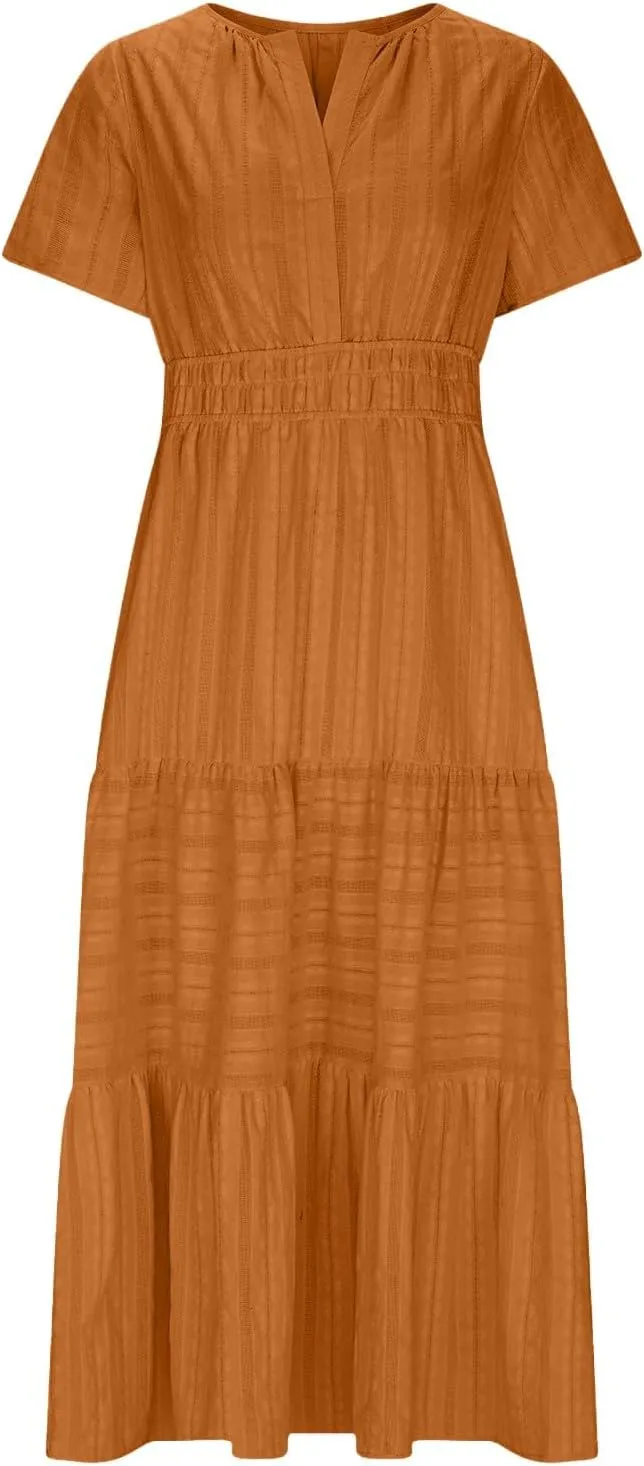 JOAU Womens Summer Dresses 2025 Casual Short Sleeve Notched V Neck Boho Tiered Ruffle A-Line Beach Maxi Dress with Pockets