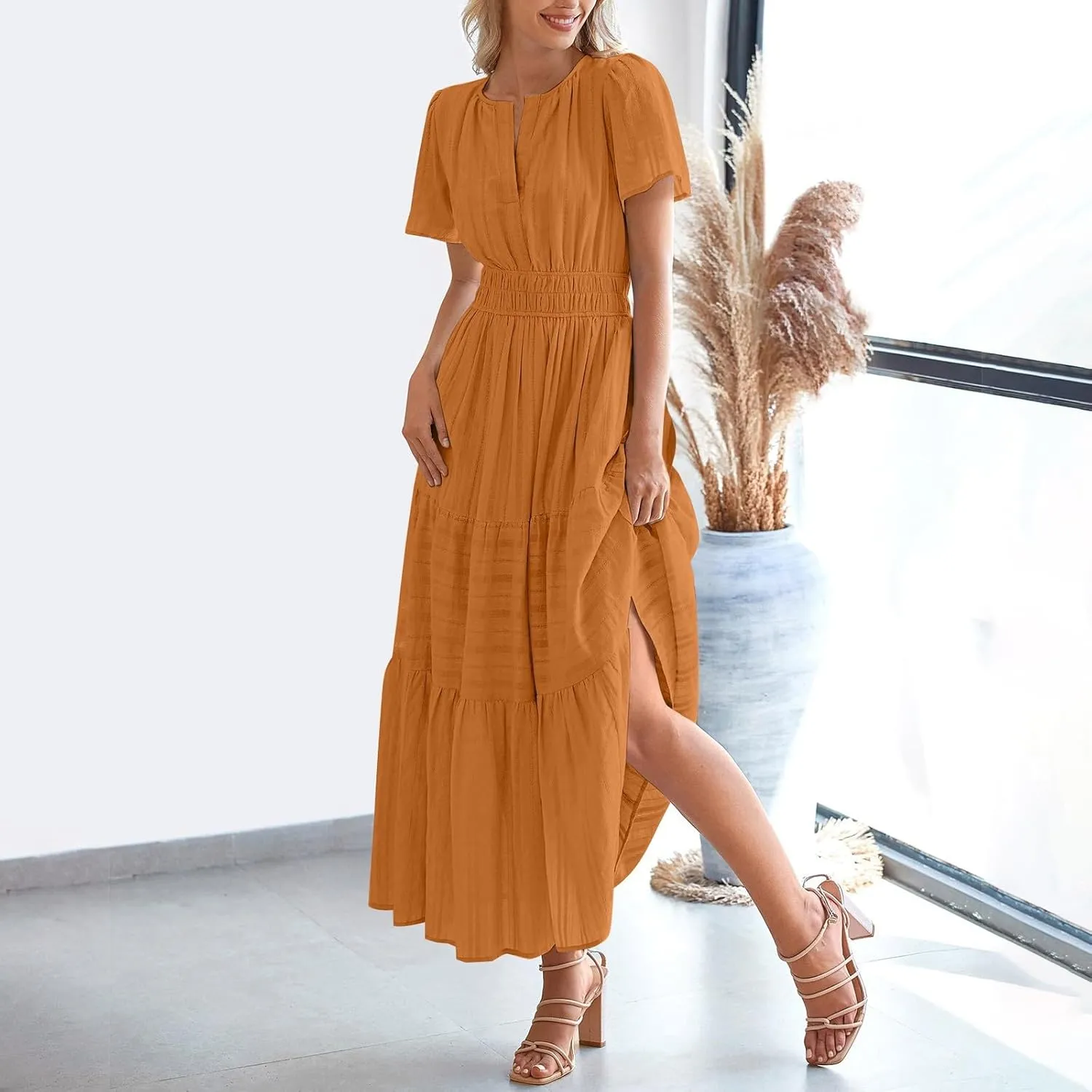JOAU Womens Summer Dresses 2025 Casual Short Sleeve Notched V Neck Boho Tiered Ruffle A-Line Beach Maxi Dress with Pockets