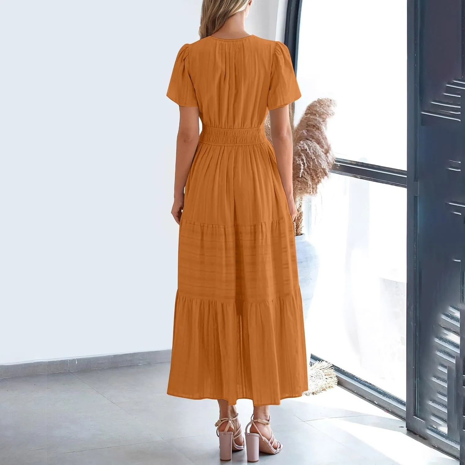 JOAU Womens Summer Dresses 2025 Casual Short Sleeve Notched V Neck Boho Tiered Ruffle A-Line Beach Maxi Dress with Pockets