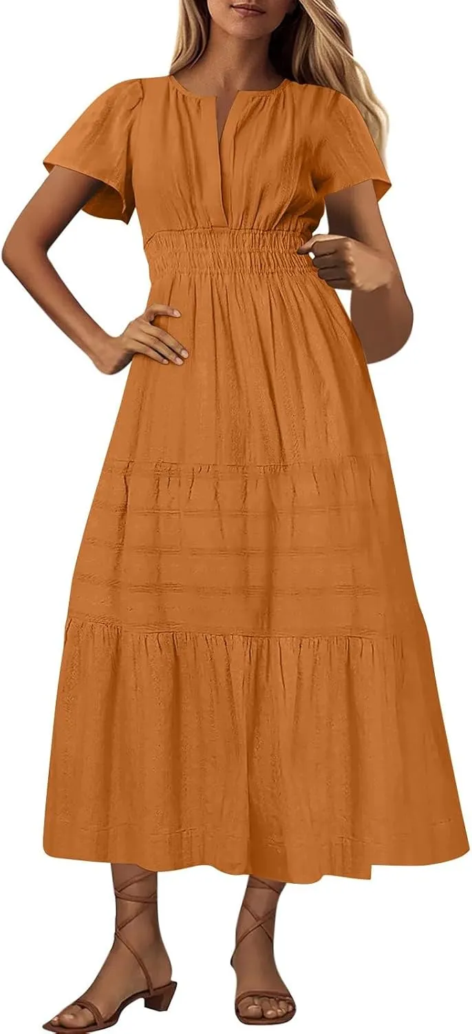 JOAU Womens Summer Dresses 2025 Casual Short Sleeve Notched V Neck Boho Tiered Ruffle A-Line Beach Maxi Dress with Pockets