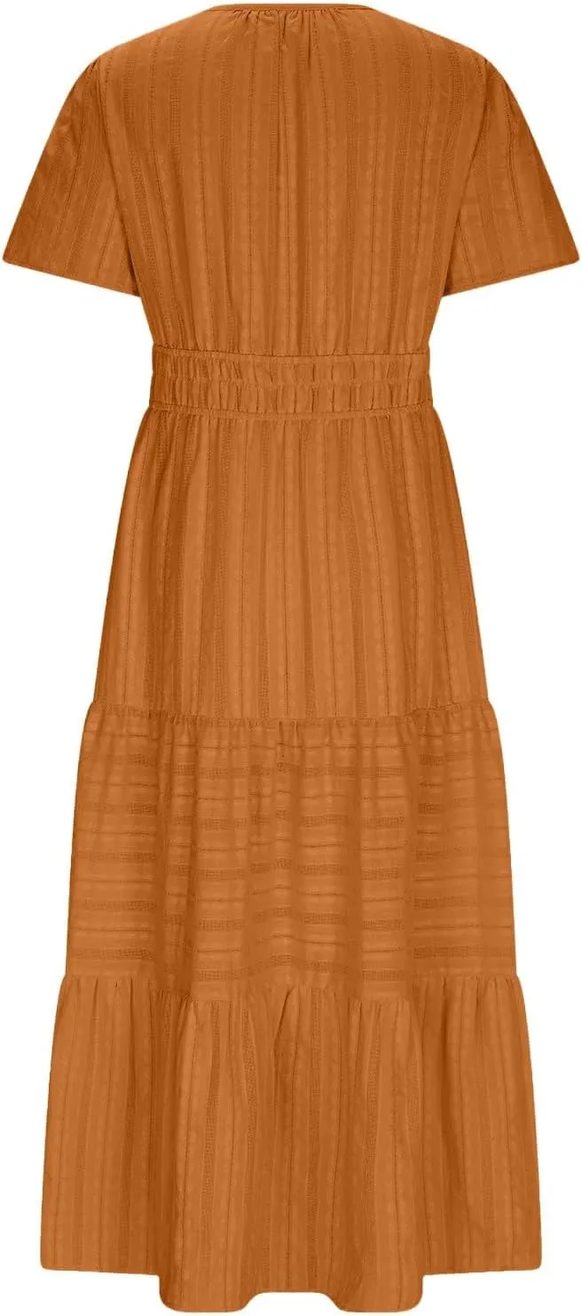 JOAU Womens Summer Dresses 2025 Casual Short Sleeve Notched V Neck Boho Tiered Ruffle A-Line Beach Maxi Dress with Pockets