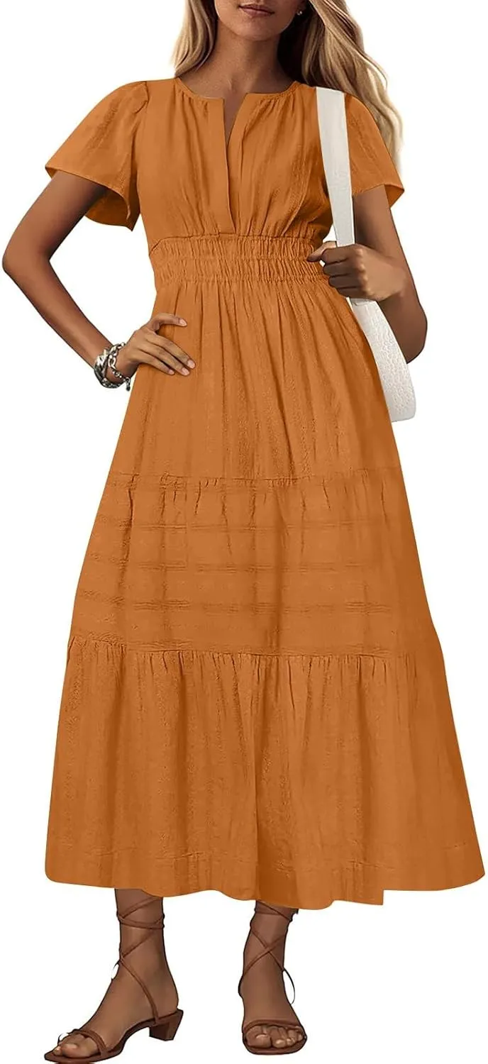JOAU Womens Summer Dresses 2025 Casual Short Sleeve Notched V Neck Boho Tiered Ruffle A-Line Beach Maxi Dress with Pockets