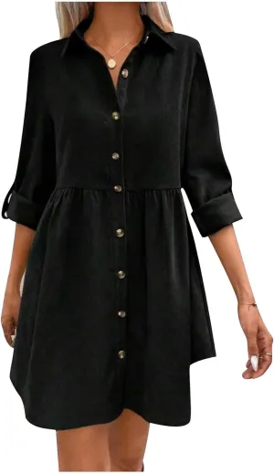 JOAU Women's Tunic Shirt Mini Dress Rolled Long Sleeve Lapel Collar Dresses Button Down A-Line Ruffle Babydoll Short Dress