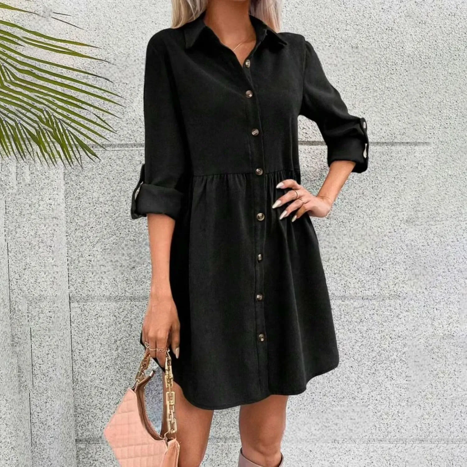 JOAU Women's Tunic Shirt Mini Dress Rolled Long Sleeve Lapel Collar Dresses Button Down A-Line Ruffle Babydoll Short Dress