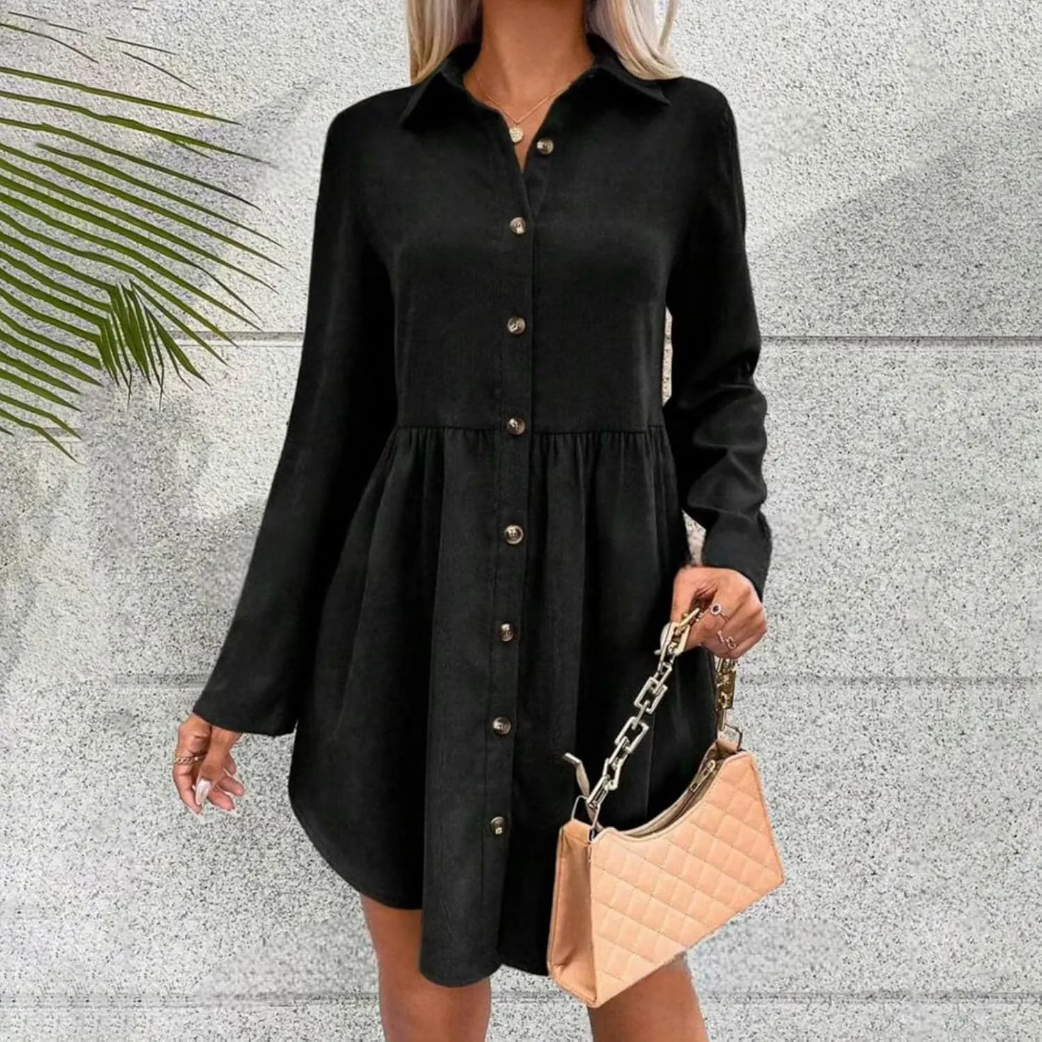 JOAU Women's Tunic Shirt Mini Dress Rolled Long Sleeve Lapel Collar Dresses Button Down A-Line Ruffle Babydoll Short Dress