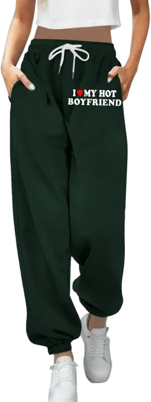 Jogger Sweatpants Women Letter Print Drawstring Casual Jogger Pants High Waist Trousers with Pocket