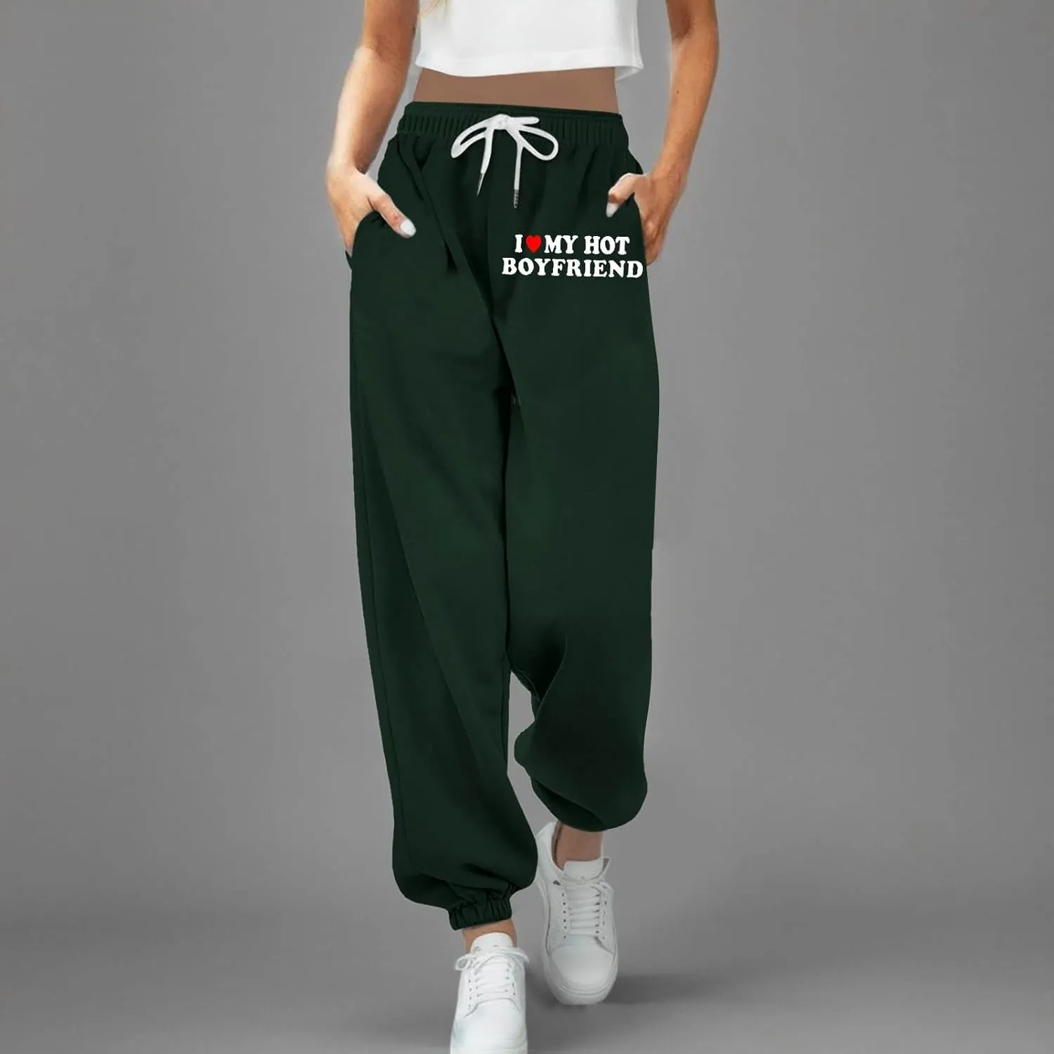 Jogger Sweatpants Women Letter Print Drawstring Casual Jogger Pants High Waist Trousers with Pocket
