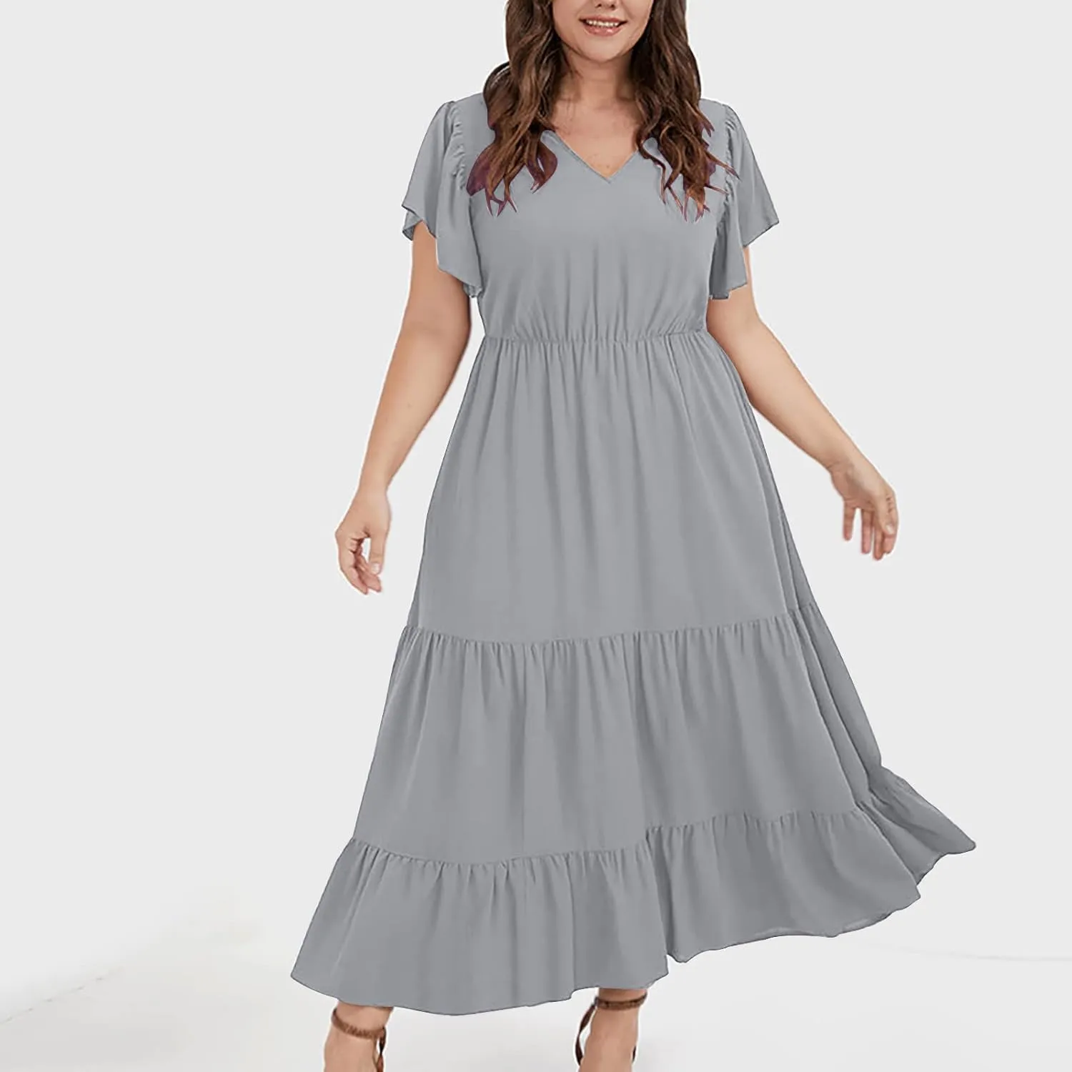 jsaierl Women Sundress Short Sleeve V Neck Ruffle Dress A Line Swing Beach Dresses Boho Flowy High Waisted Dress with Pockets