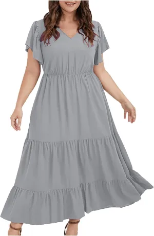 jsaierl Women Sundress Short Sleeve V Neck Ruffle Dress A Line Swing Beach Dresses Boho Flowy High Waisted Dress with Pockets
