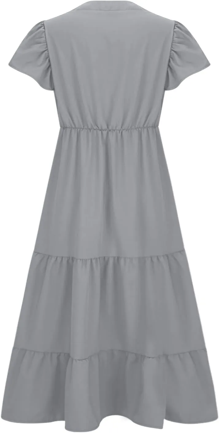 jsaierl Women Sundress Short Sleeve V Neck Ruffle Dress A Line Swing Beach Dresses Boho Flowy High Waisted Dress with Pockets