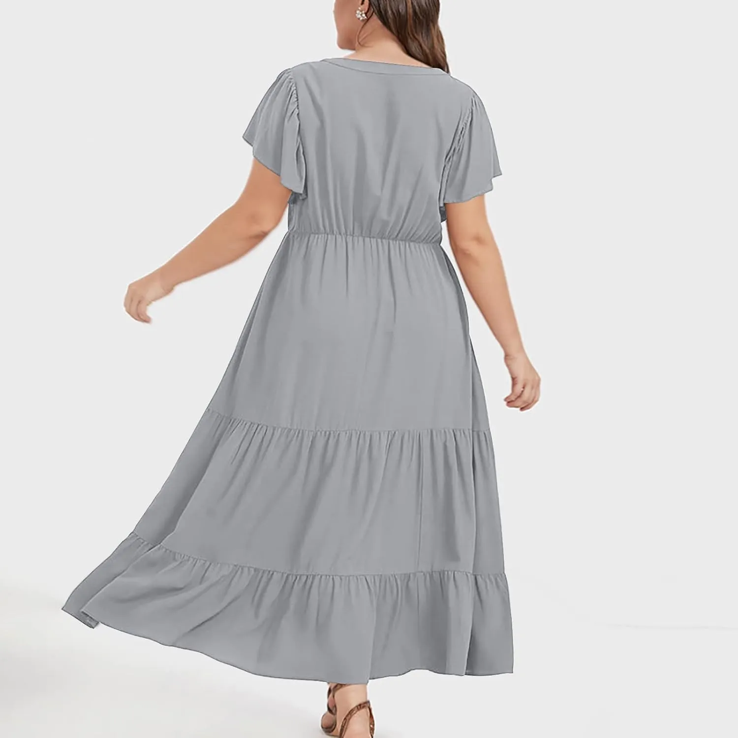 jsaierl Women Sundress Short Sleeve V Neck Ruffle Dress A Line Swing Beach Dresses Boho Flowy High Waisted Dress with Pockets