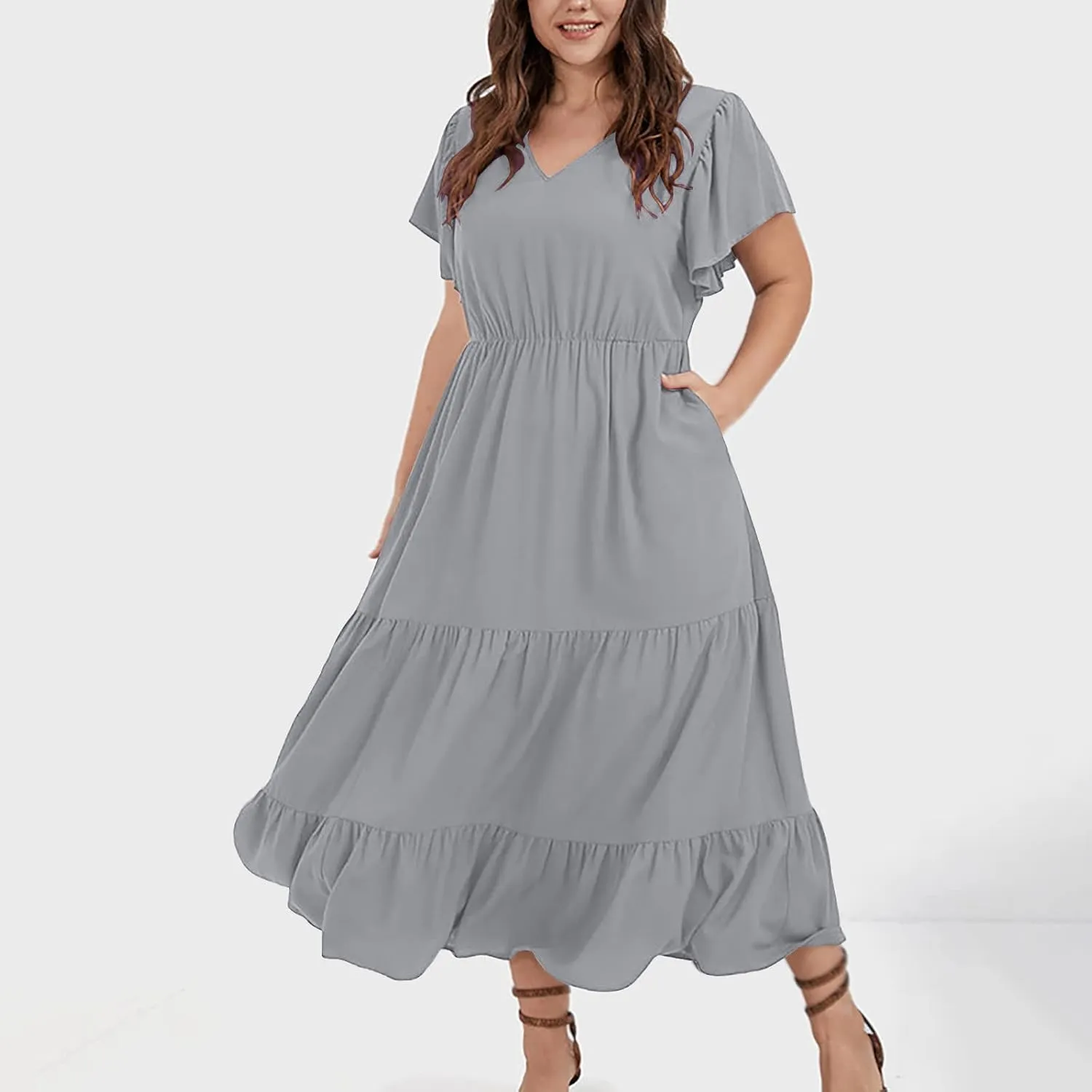 jsaierl Women Sundress Short Sleeve V Neck Ruffle Dress A Line Swing Beach Dresses Boho Flowy High Waisted Dress with Pockets