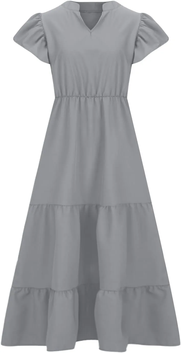 jsaierl Women Sundress Short Sleeve V Neck Ruffle Dress A Line Swing Beach Dresses Boho Flowy High Waisted Dress with Pockets
