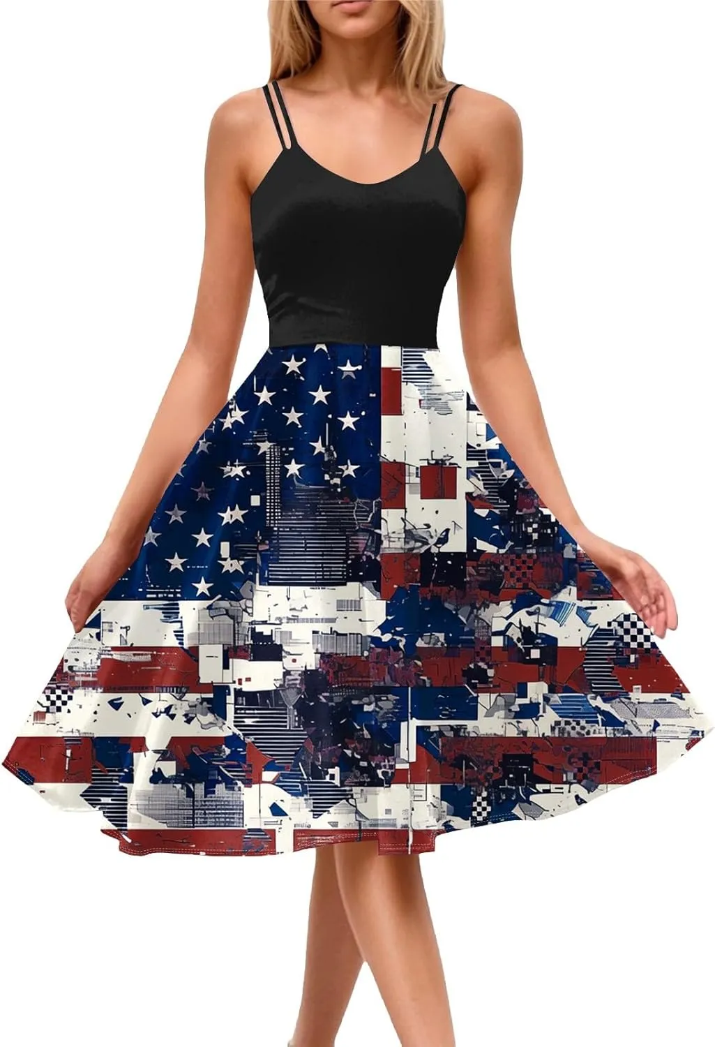 July 4th Dresses Women Trendy Ruffle Punk Vintage A-Line Flag Cocktail Midi Dress Spaghetti Strap Independence Day Dress