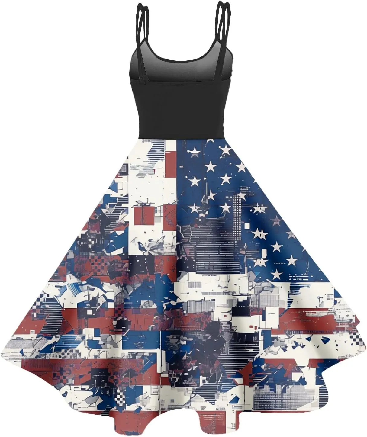 July 4th Dresses Women Trendy Ruffle Punk Vintage A-Line Flag Cocktail Midi Dress Spaghetti Strap Independence Day Dress