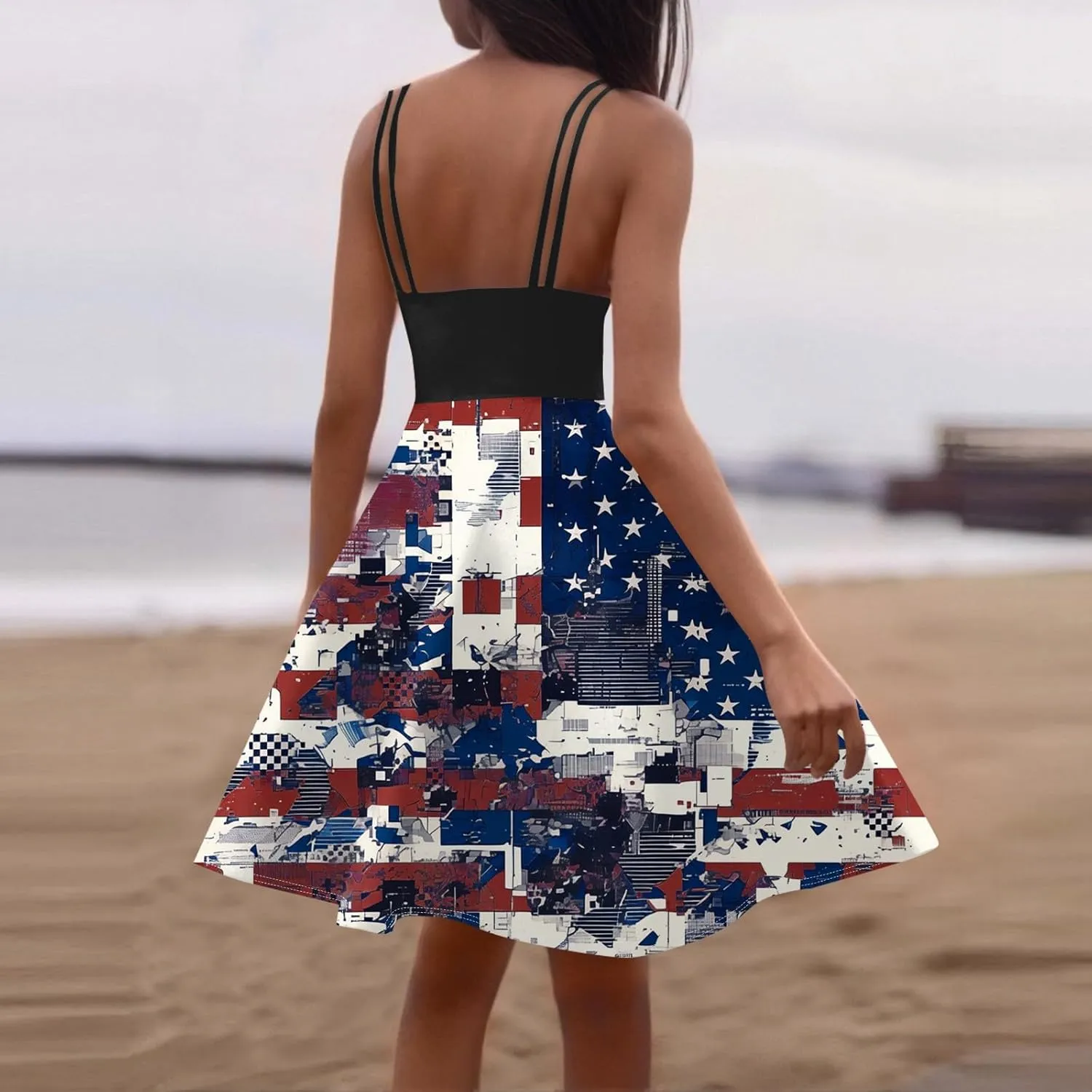 July 4th Dresses Women Trendy Ruffle Punk Vintage A-Line Flag Cocktail Midi Dress Spaghetti Strap Independence Day Dress