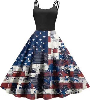 July 4th Dresses Women Trendy Ruffle Punk Vintage A-Line Flag Cocktail Midi Dress Spaghetti Strap Independence Day Dress