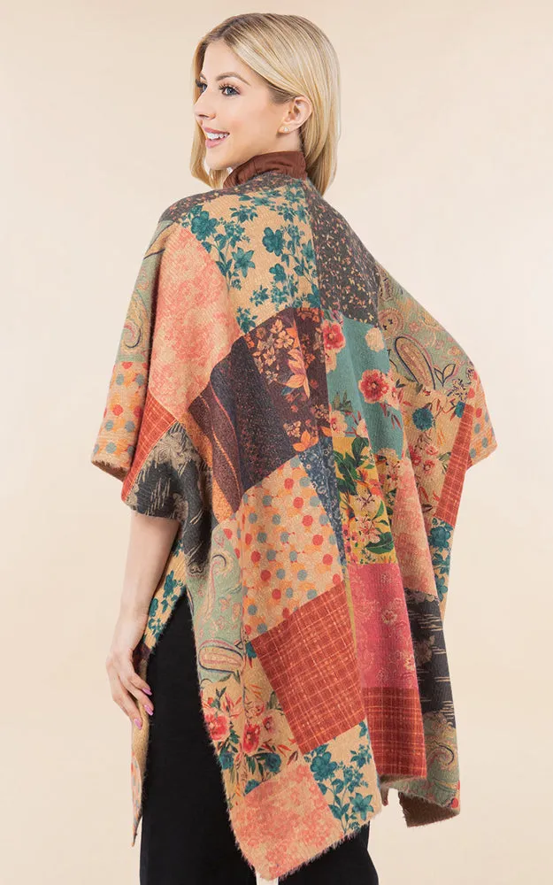 KA4286 FLORAL PATCH PATTERN KIMONO COVER UP