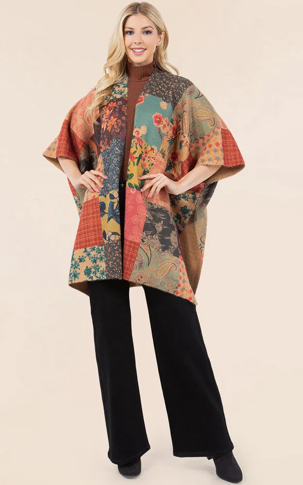 KA4286 FLORAL PATCH PATTERN KIMONO COVER UP