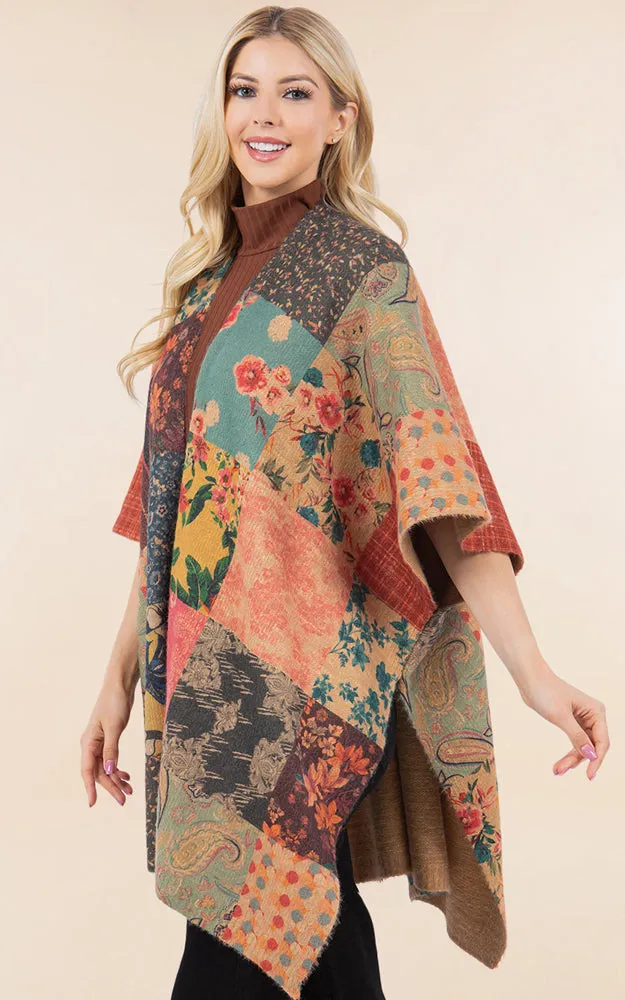 KA4286 FLORAL PATCH PATTERN KIMONO COVER UP