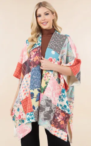 KA4286 FLORAL PATCH PATTERN KIMONO COVER UP