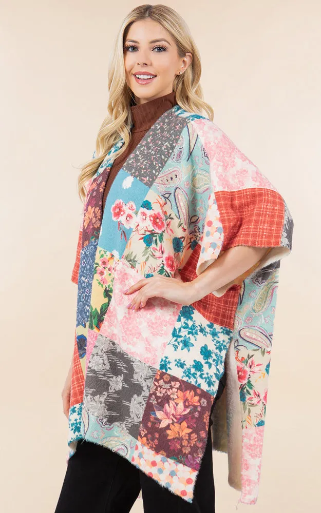 KA4286 FLORAL PATCH PATTERN KIMONO COVER UP