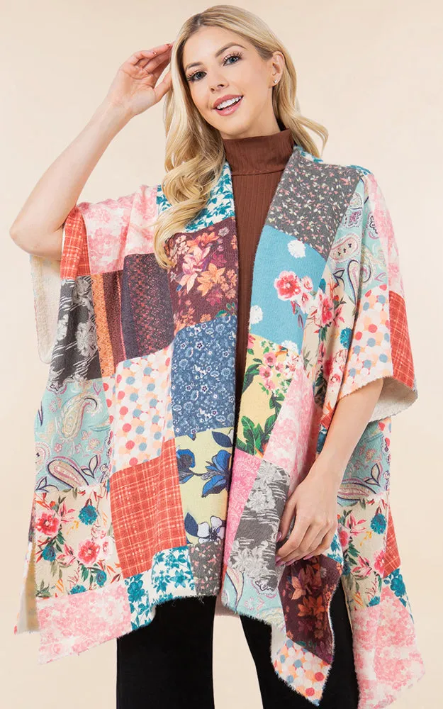 KA4286 FLORAL PATCH PATTERN KIMONO COVER UP