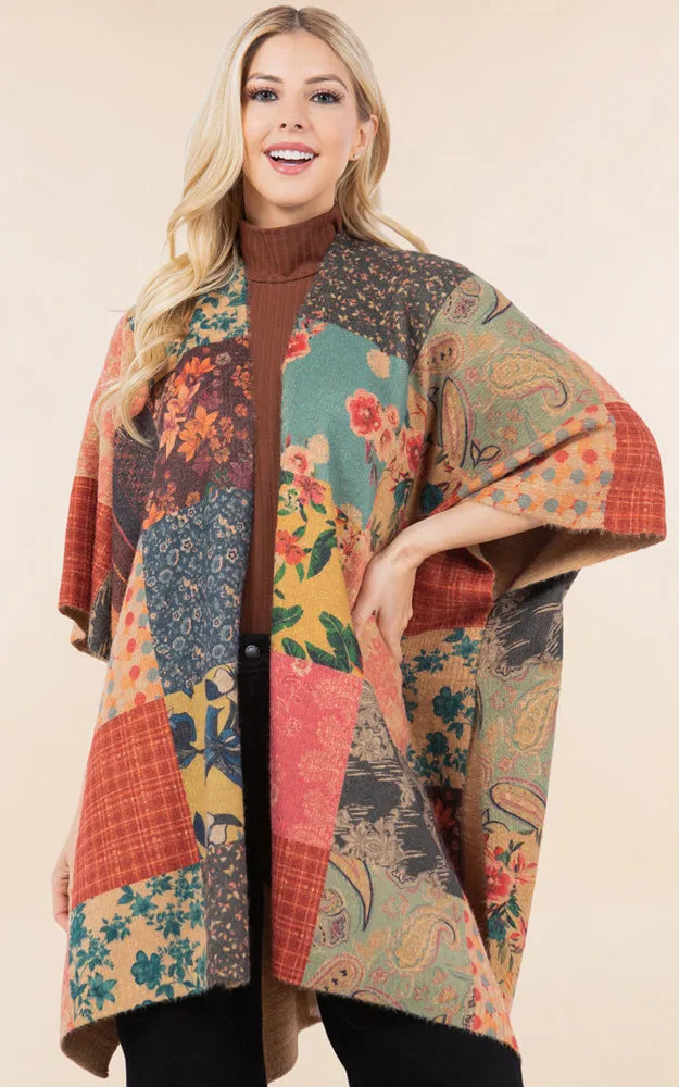 KA4286 FLORAL PATCH PATTERN KIMONO COVER UP