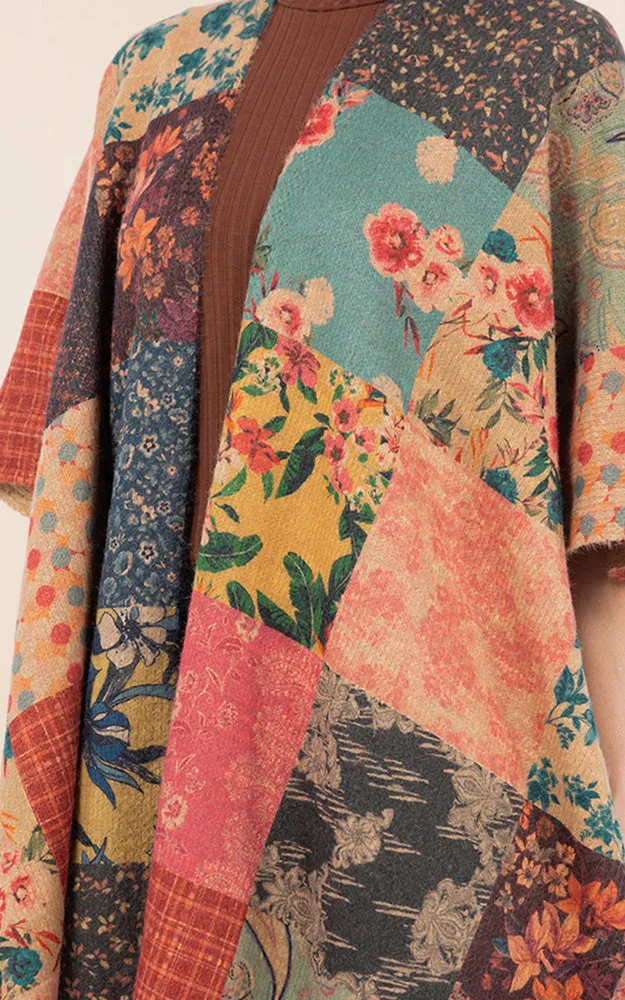 KA4286 FLORAL PATCH PATTERN KIMONO COVER UP