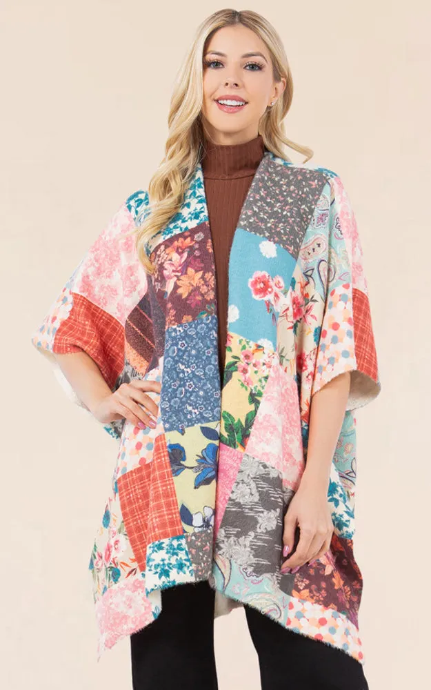KA4286 FLORAL PATCH PATTERN KIMONO COVER UP