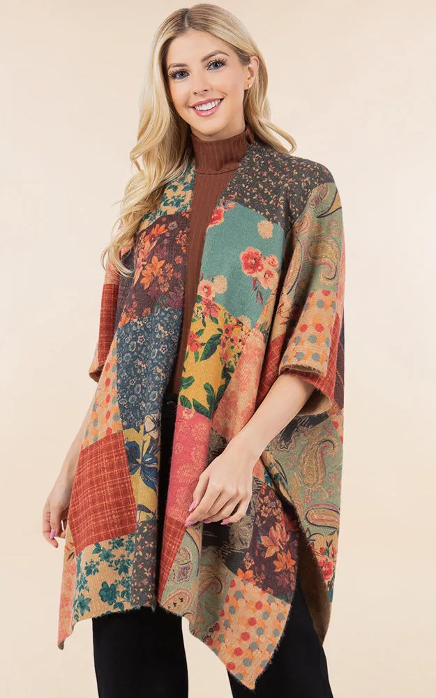 KA4286 FLORAL PATCH PATTERN KIMONO COVER UP