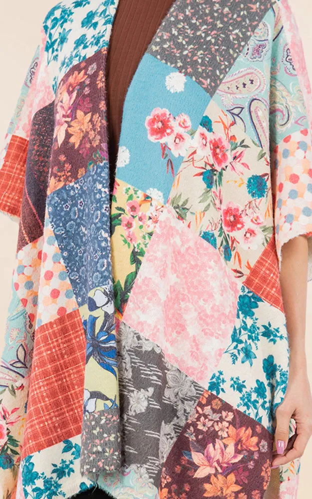 KA4286 FLORAL PATCH PATTERN KIMONO COVER UP