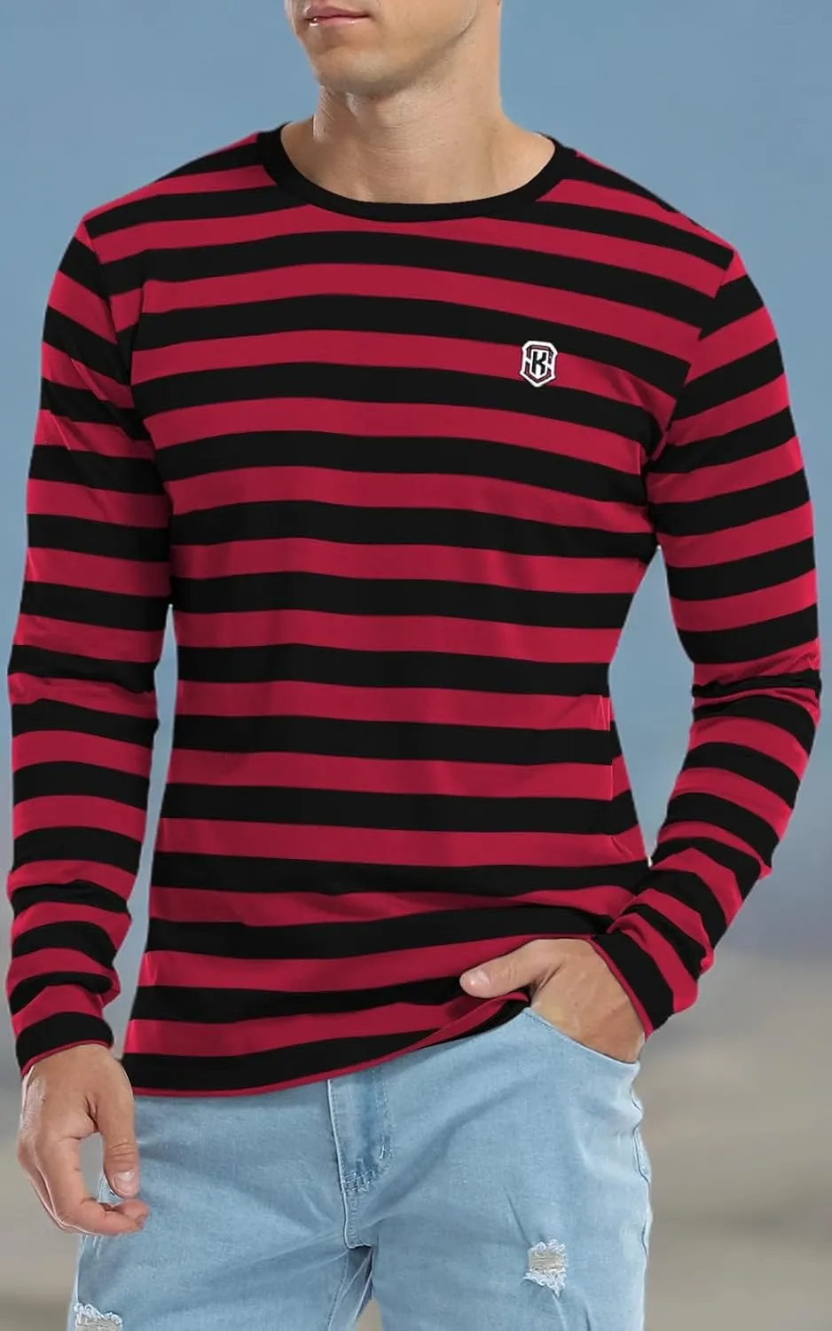 KESIHAN Men's Casual Striped Shirts Crewneck Long Sleeve Basic T-Shirt Basic Daily Work Stripe Tee Tops