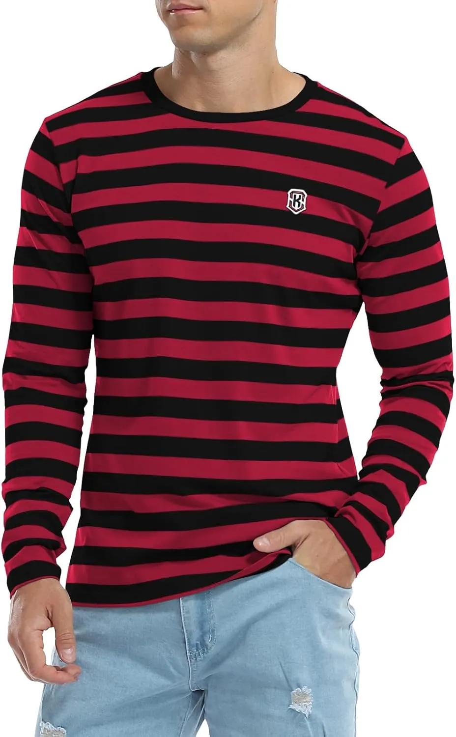 KESIHAN Men's Casual Striped Shirts Crewneck Long Sleeve Basic T-Shirt Basic Daily Work Stripe Tee Tops