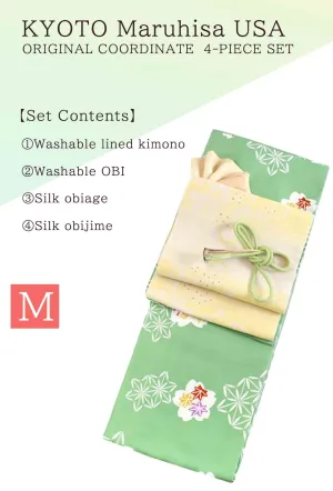 Kimono 4 Piece Coordinate Set / Kimono, Obi, Obi-age, Obi-jime / tailored M Size/navy cherry blossom pattern