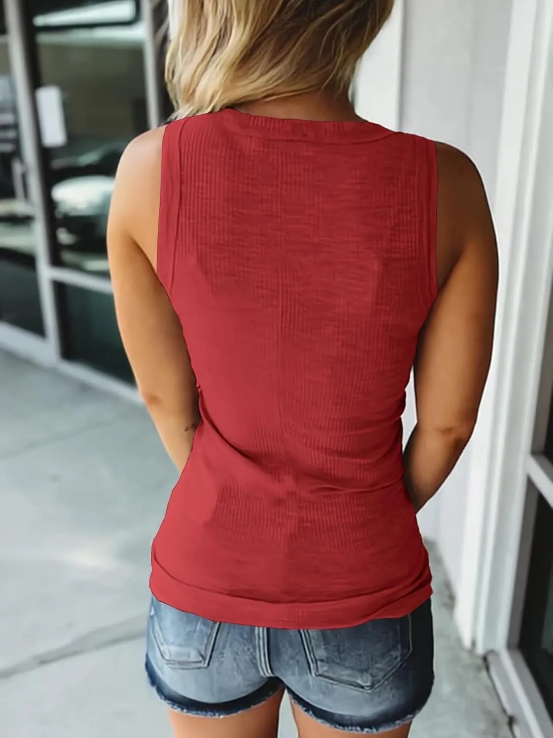 KINLONSAIR Women's Sleeveless Henley Tank Tops Summer Ribbed Button Down Casual T Shirts Slim Fit V Neck Tee Tops