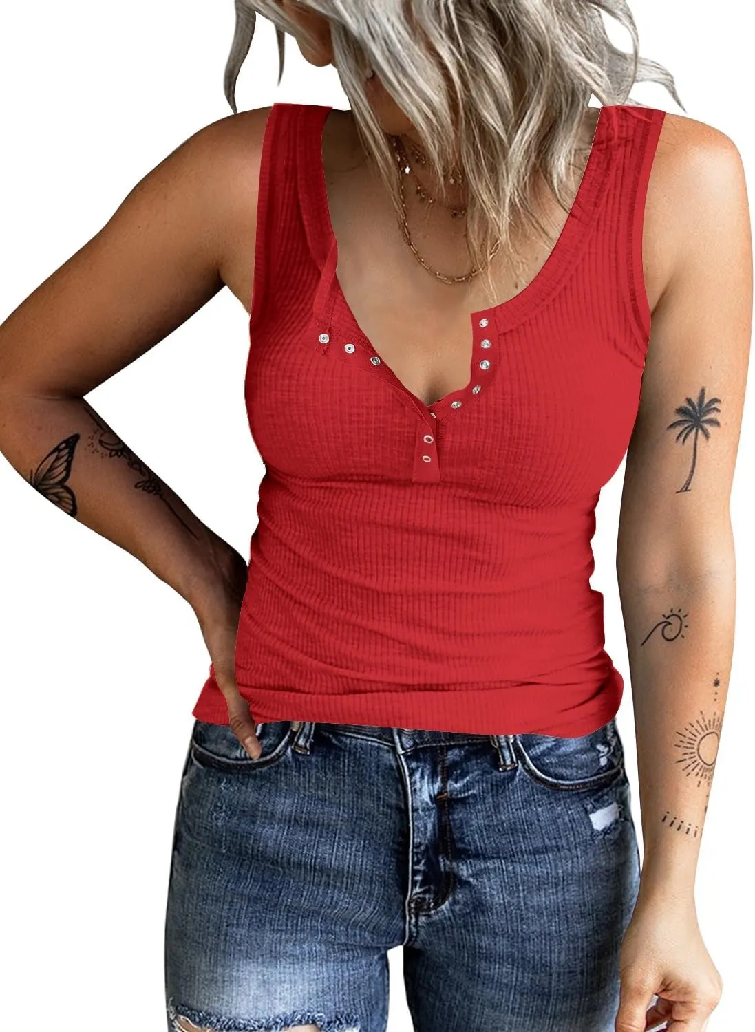 KINLONSAIR Women's Sleeveless Henley Tank Tops Summer Ribbed Button Down Casual T Shirts Slim Fit V Neck Tee Tops