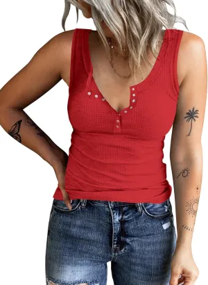KINLONSAIR Women's Sleeveless Henley Tank Tops Summer Ribbed Button Down Casual T Shirts Slim Fit V Neck Tee Tops