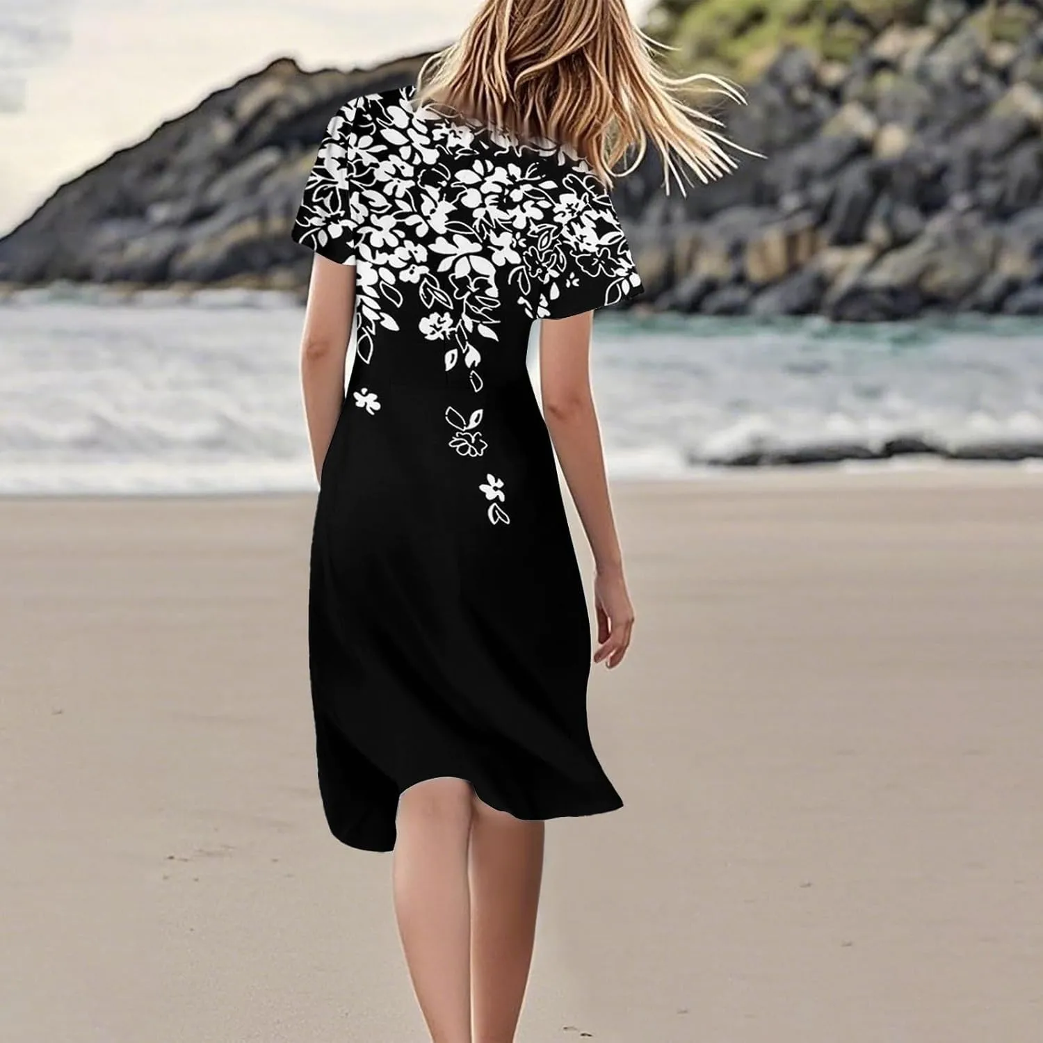Knee Length Dress for Women Bohemian Summer Short Sleeve Summer 2025 V Neck Modest Sundress Floral Dress