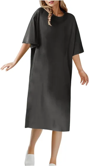 Knee Length T-Shirt Dress for Women Loose Short Sleeve Summer Pullover Dresses Casual Comfy Lounge Tunic Dress