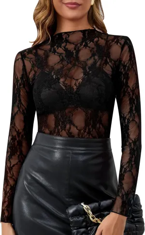 KTILG Womens Mesh Long Sleeve Top Sheer Blouse Sexy See Through Tee Shirt Lace Tops S-XXL