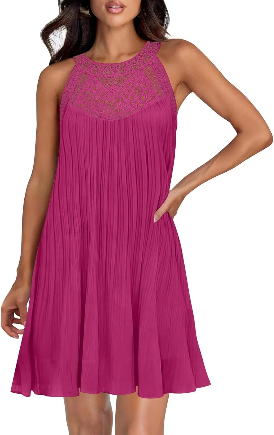 Lace Hollow Out Halter Dress Women's Summer Boho Beach Vacation Sundress Solid Loose Fit Casual A Line Flowy Dresses